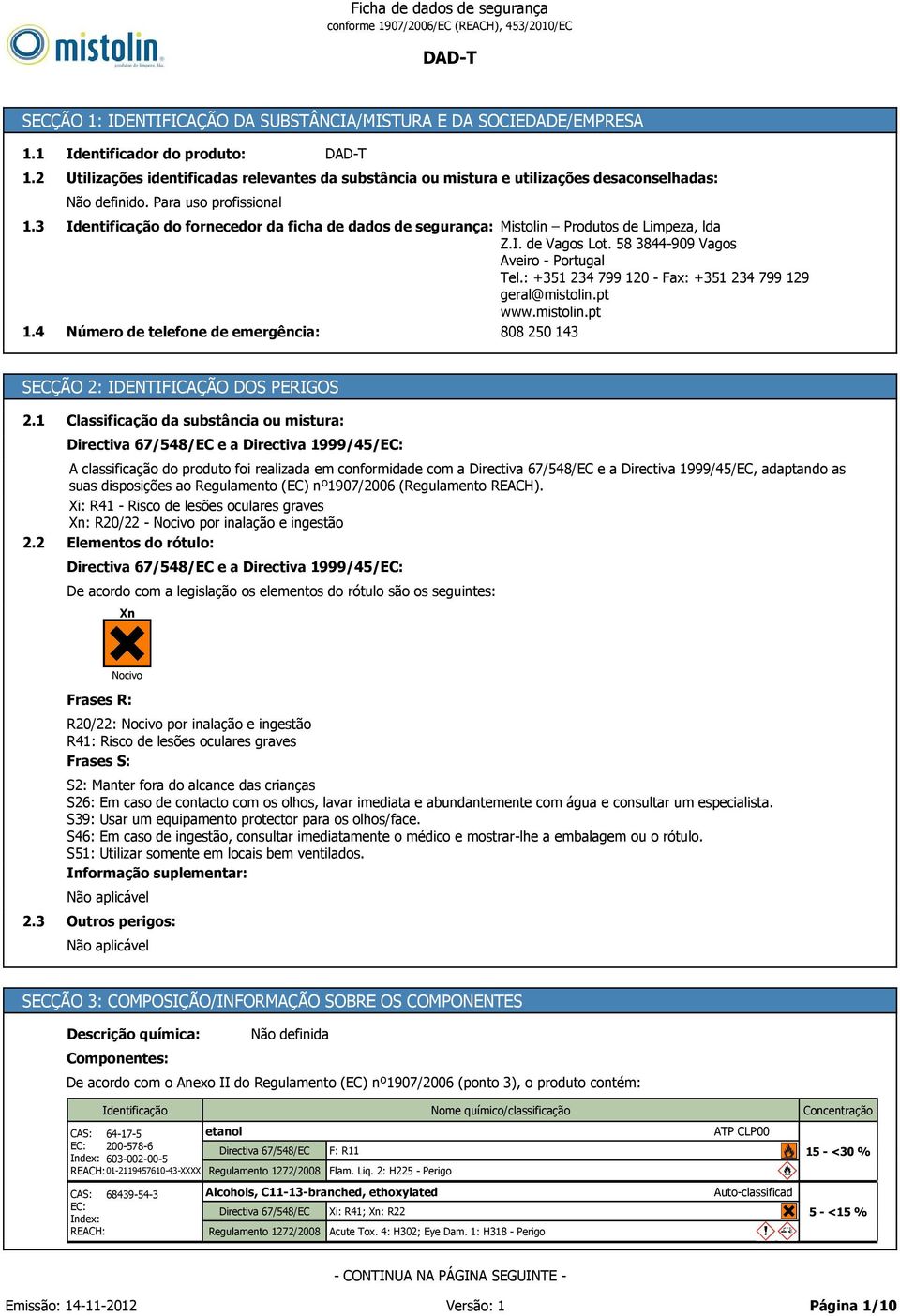 Para uso profissional DAD T do fornecedor da ficha de dados de segurança: Mistolin Produtos de Limpeza, lda Z.I. de Vagos Lot. 58 3844 909 Vagos Aveiro Portugal Tel.