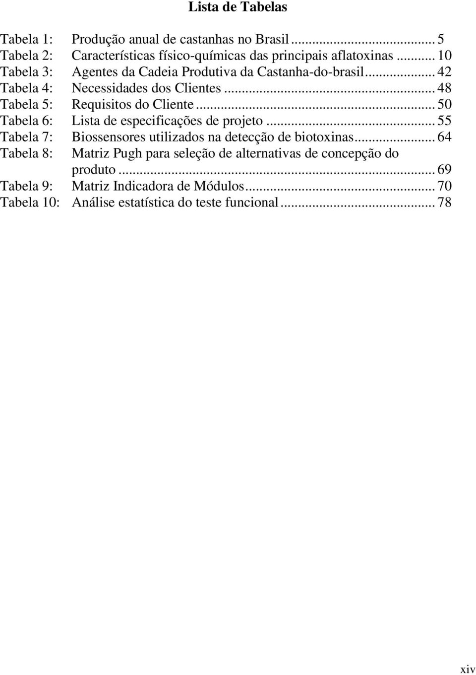 .. 50 Tabela 6: Lista de especificações de projeto... 55 Tabela 7: Biossensores utilizados na detecção de biotoxinas.