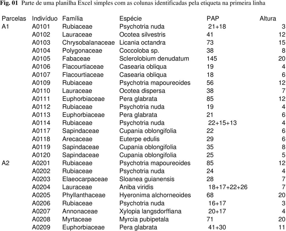 38 8 A0105 Fabaceae Sclerolobium denudatum 145 20 A0106 Flacourtiaceae Casearia obliqua 19 4 A0107 Flacourtiaceae Casearia obliqua 18 6 A0109 Rubiaceae Psychotria mapoureoides 56 12 A0110 Lauraceae
