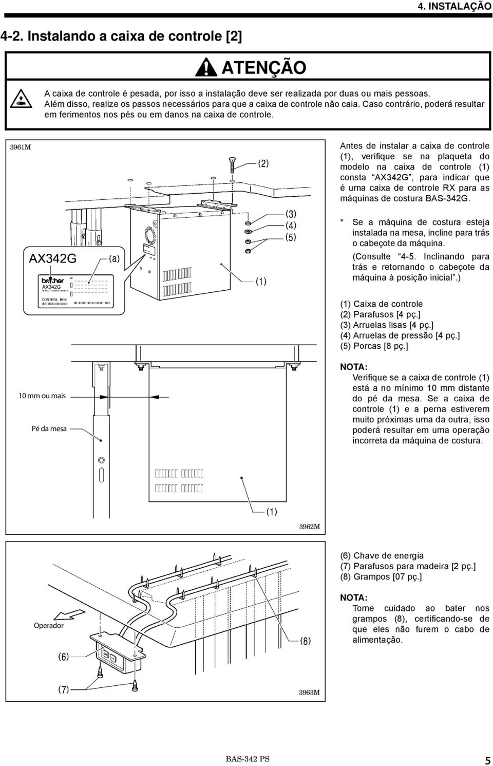 3961M Antes de instalar a caixa de controle (1), verifi que se na plaqueta do modelo na caixa de controle (1) consta AX342G, para indicar que é uma caixa de controle RX para as máquinas de costura