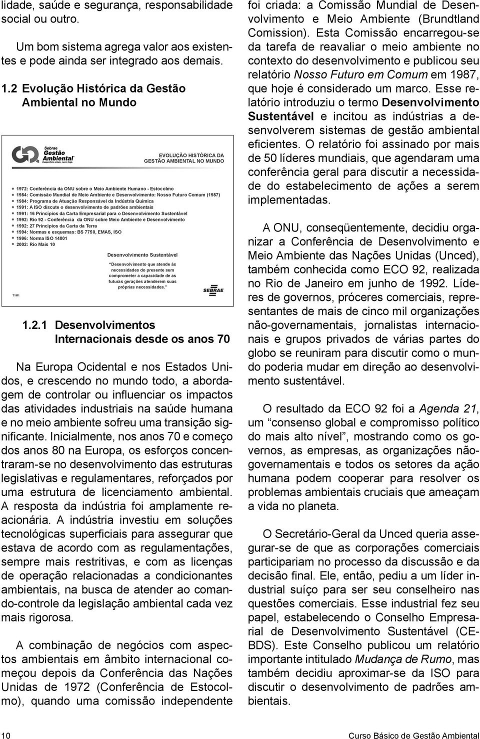 Ambiente e Desenvolvimento: Nosso Futuro Comum (1987) 1984: Programa de Atuação Responsável da Indústria Química 1991: A ISO discute o desenvolvimento de padrões ambientais 1991: 16 Princípios da