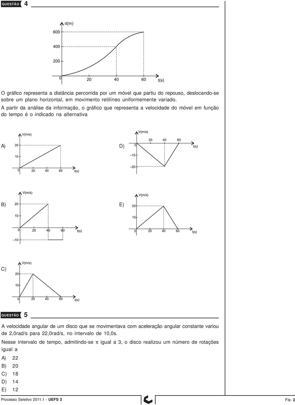 A partir da análise da informação, o gráfico que representa a velocidade do móvel em função do tempo é o indicado na alternativa A) D) B) E) C) QUESTÃO 5 A