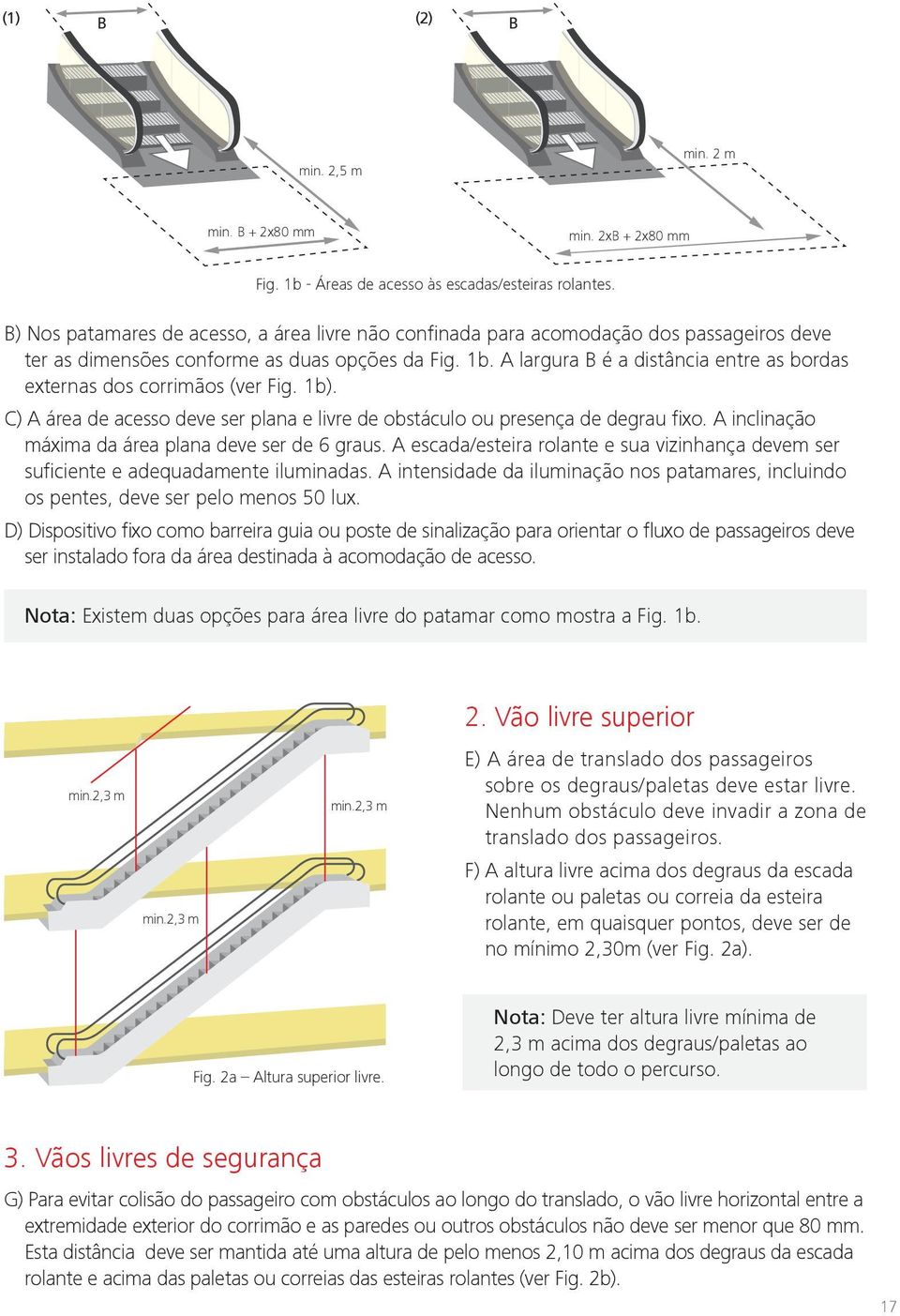 A largura B é a distância entre as bordas externas dos corrimãos (ver Fig. 1b). C) A área de acesso deve ser plana e livre de obstáculo ou presença de degrau fixo.