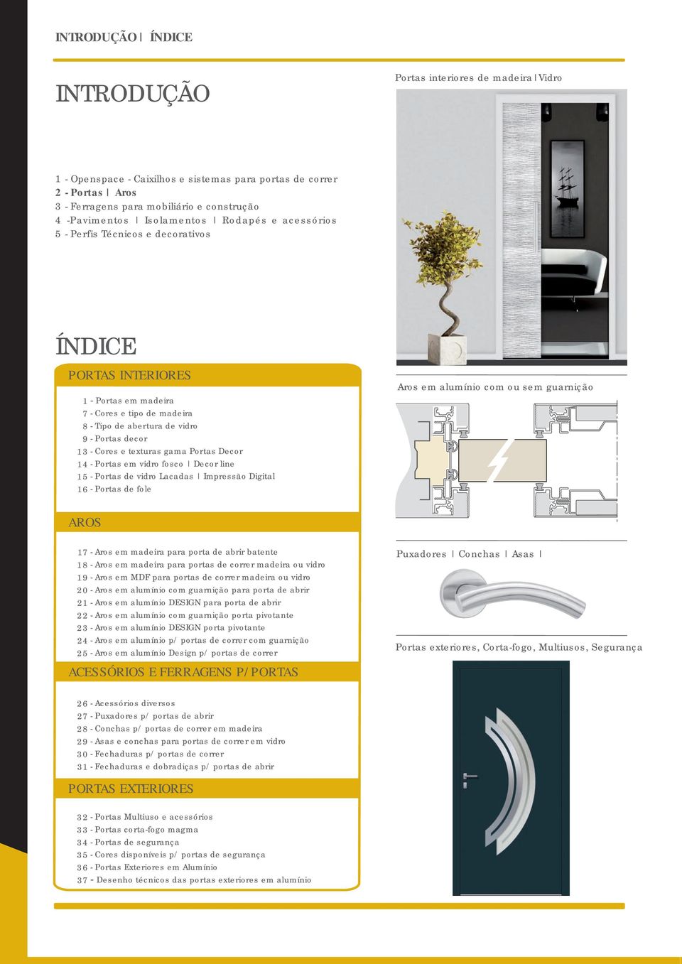 e texturas gama Portas Decor 14 - Portas em vidro fosco Decor line 15 - Portas de vidro Lacadas Impressão Digital 16 - Portas de fole Aros em alumínio com ou sem guarnição AROS 17 - Aros em madeira