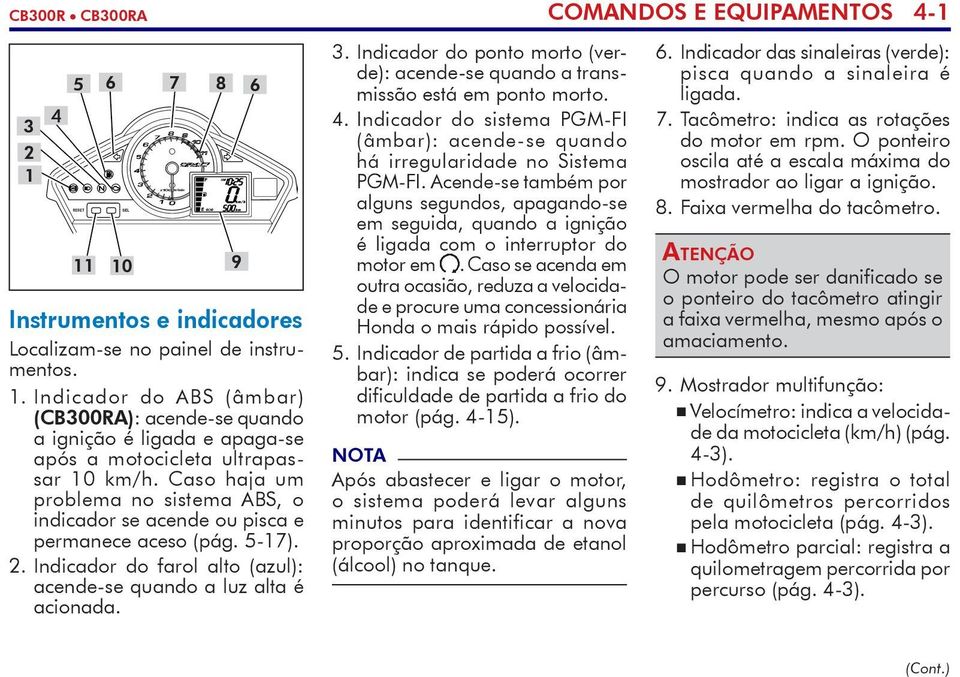 Indicador do ponto morto (verde): acende-se quando a transmissão está em ponto morto. 4. Indicador do sistema PGM-FI (âmbar): acende-se quando há irregularidade no Sistema PGM-FI.