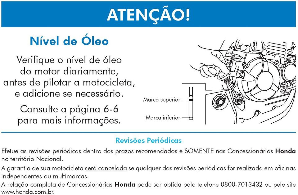 Marca superior Marca inferior Revisões Periódicas Efetue as revisões periódicas dentro dos prazos recomendados e SOMENTE nas Concessionárias Honda no