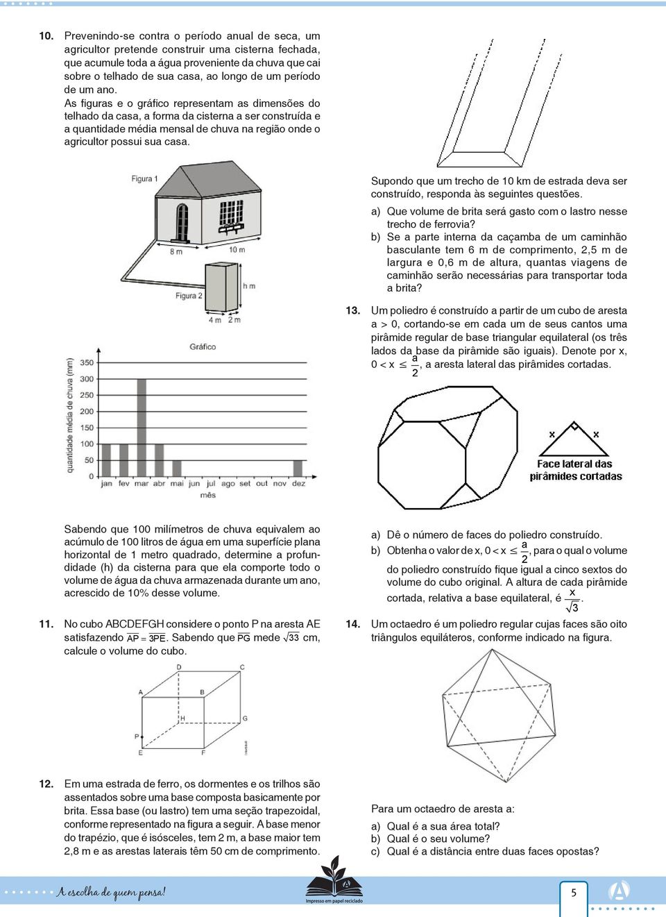 As figuras e o gráfico representam as dimensões do telhado da casa, a forma da cisterna a ser construída e a quantidade média mensal de chuva na região onde o agricultor possui sua casa.