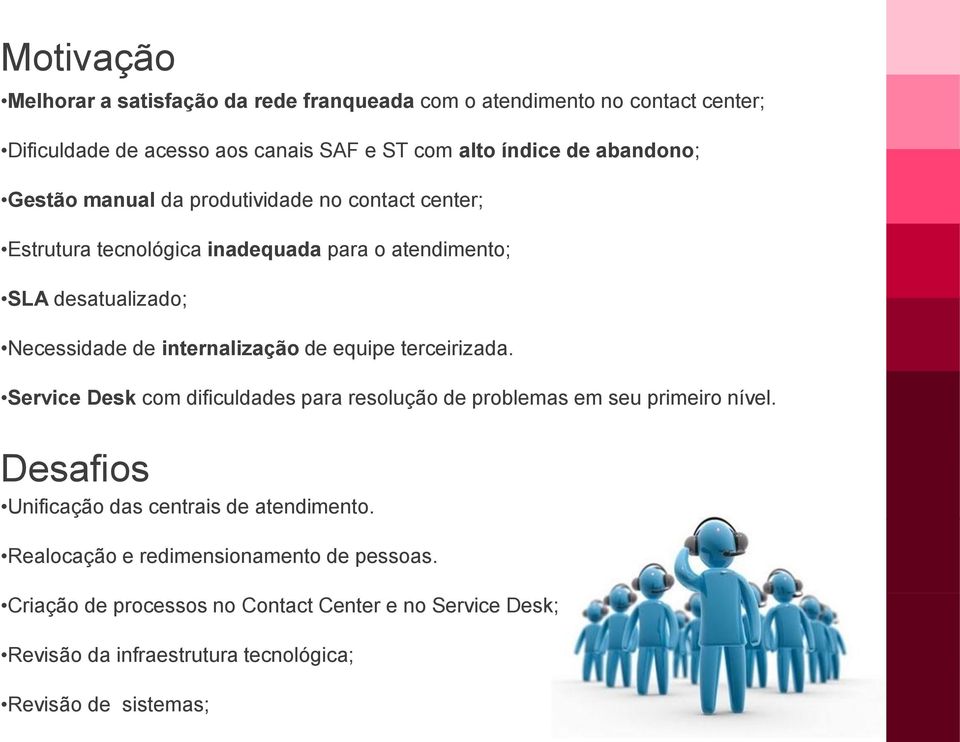 internalização de equipe terceirizada. Service Desk com dificuldades para resolução de problemas em seu primeiro nível.