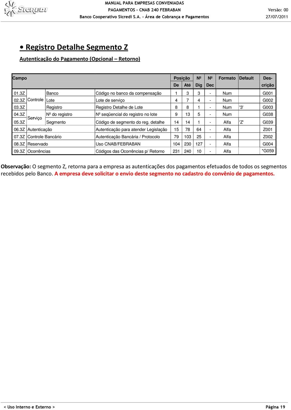 3Z Segmento Código de segmento do reg. detalhe 14 14 1 - Alfa 'Z' G039 06.3Z Autenticação Autenticação para atender Legislação 15 78 64 - Alfa Z001 07.
