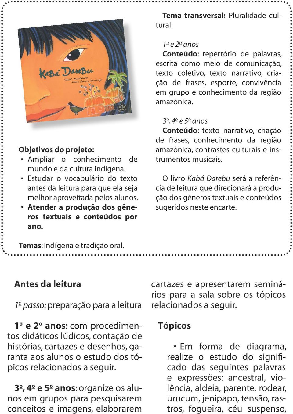 Objetivos do projeto: Ampliar o conhecimento de mundo e da cultura indígena. Estudar o vocabulário do texto antes da leitura para que ela seja melhor aproveitada pelos alunos.