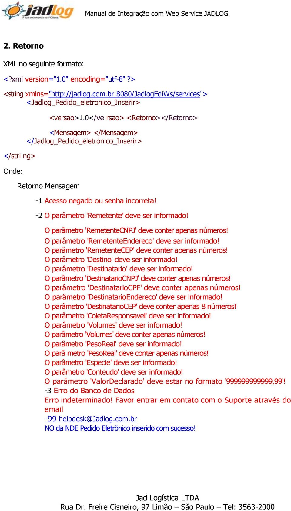 0</ve rsao> <Retorno></Retorno> <Mensagem> </Mensagem> </Jadlog_Pedido_eletronico_Inserir> Retorno Mensagem -1 Acesso negado ou senha incorreta! -2 O parâmetro 'Remetente' deve ser informado!