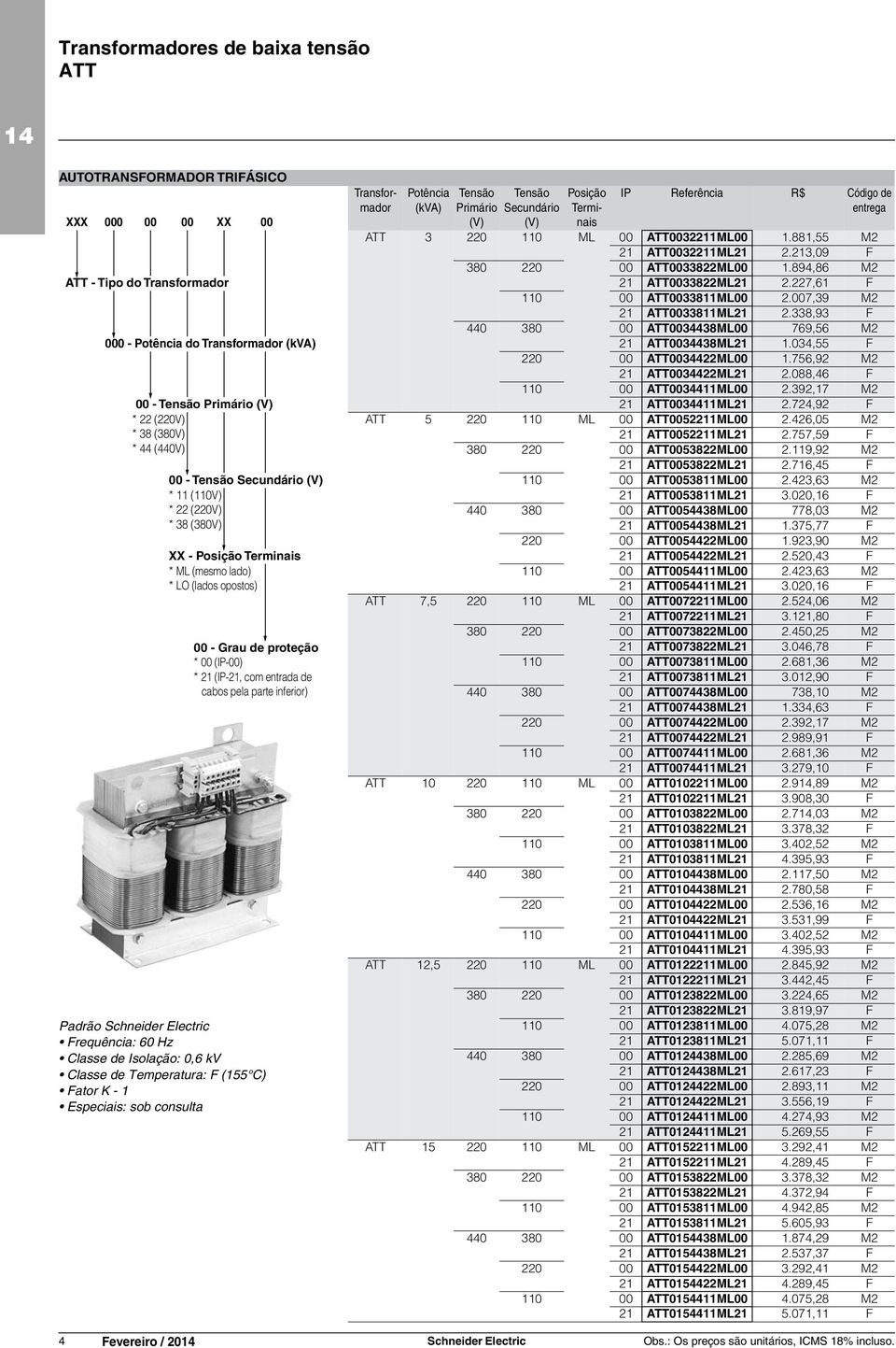 338,93 F 440 380 00 ATT0034438ML00 769,56 M2 000 - Potência do (kva) 21 ATT0034438ML21 1.034,55 F 220 00 ATT0034422ML00 1.756,92 M2 21 ATT0034422ML21 2.088,46 F 110 00 ATT0034411ML00 2.