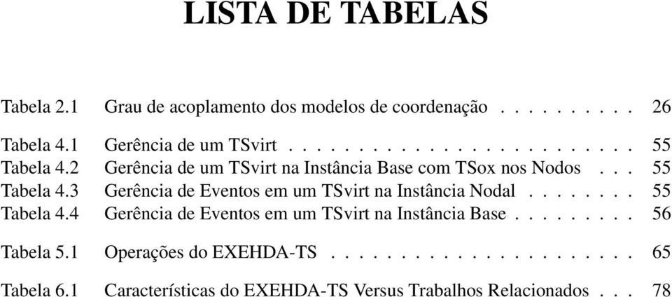 ....... 55 Tabela 4.4 Gerência de Eventos em um TSvirt na Instância Base......... 56 Tabela 5.1 Operações do EXEHDA-TS.