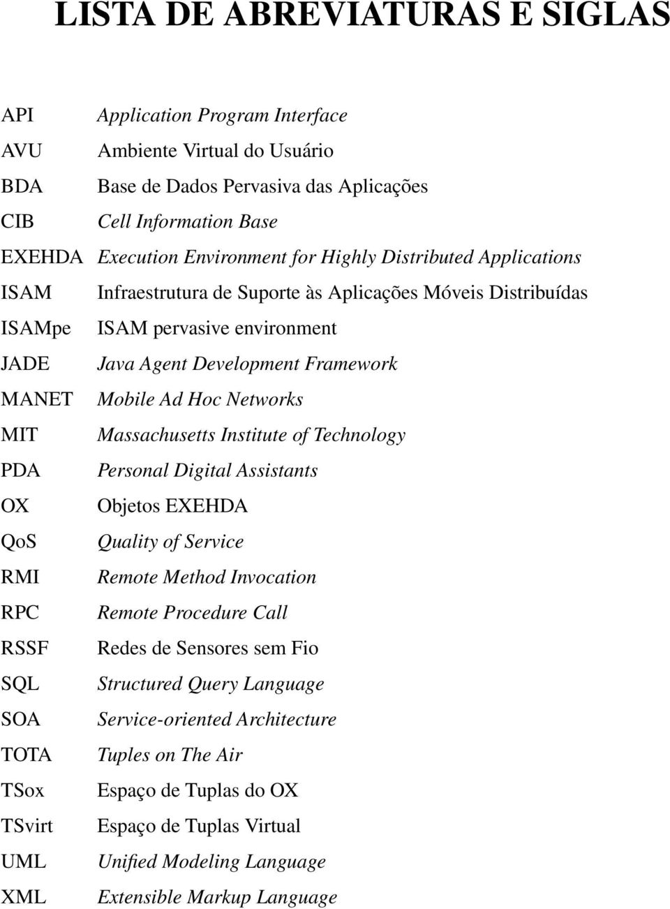 MIT Massachusetts Institute of Technology PDA Personal Digital Assistants OX Objetos EXEHDA QoS Quality of Service RMI Remote Method Invocation RPC Remote Procedure Call RSSF Redes de Sensores sem