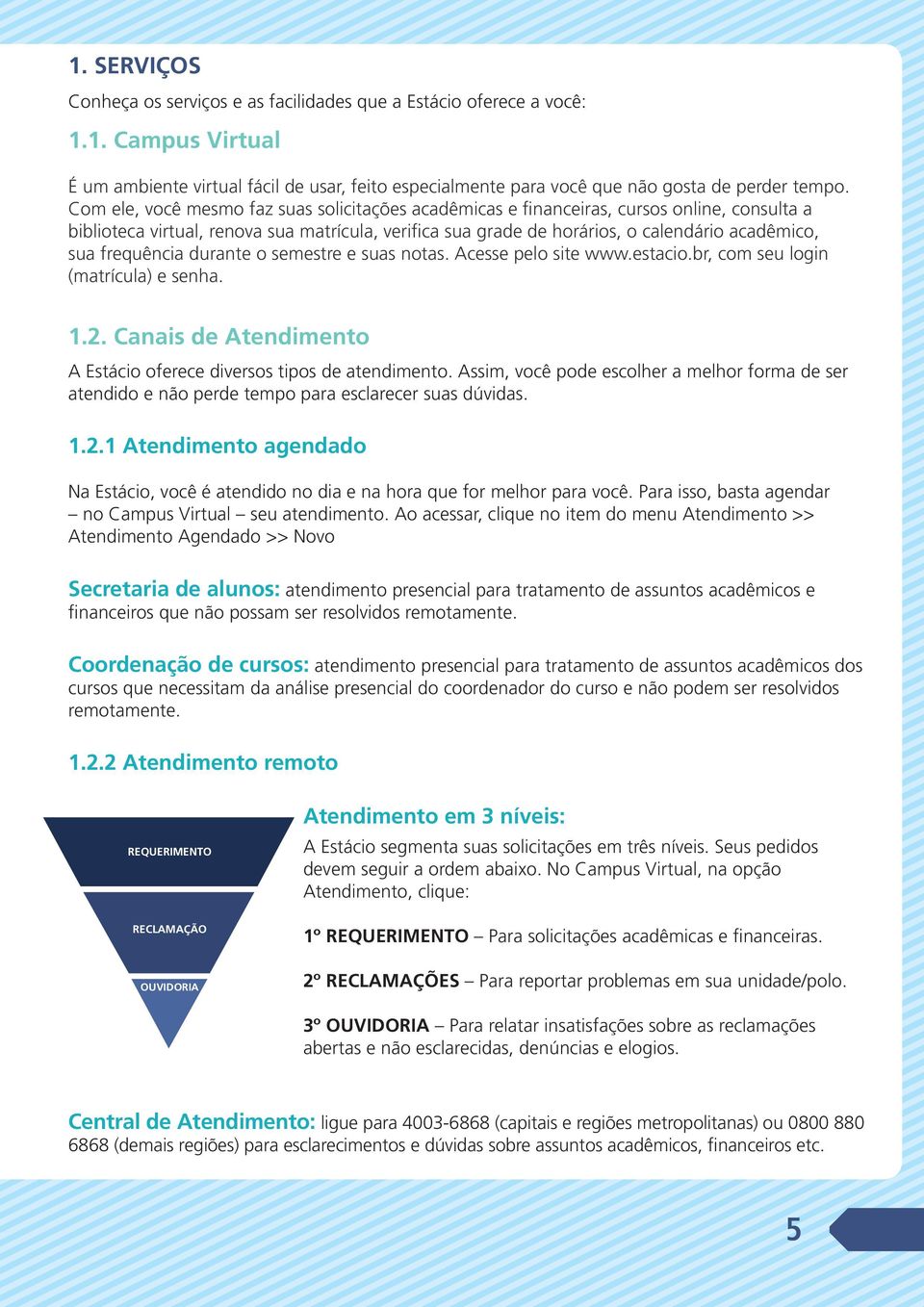 frequência durante o semestre e suas notas. Acesse pelo site www.estacio.br, com seu login (matrícula) e senha. 1.2. Canais de Atendimento A Estácio oferece diversos tipos de atendimento.