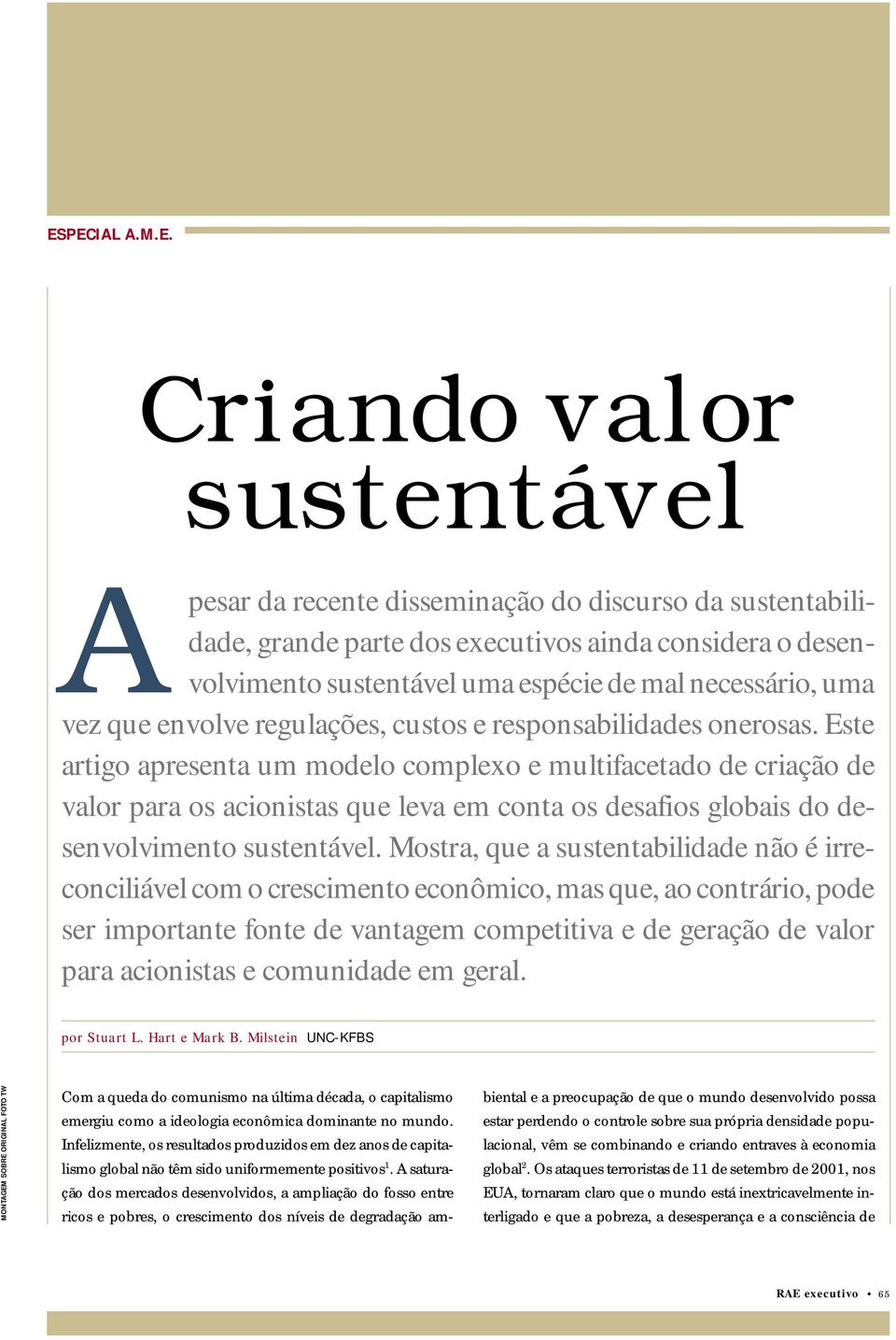 Este artigo apresenta um modelo complexo e multifacetado de criação de valor para os acionistas que leva em conta os desafios globais do desenvolvimento sustentável.