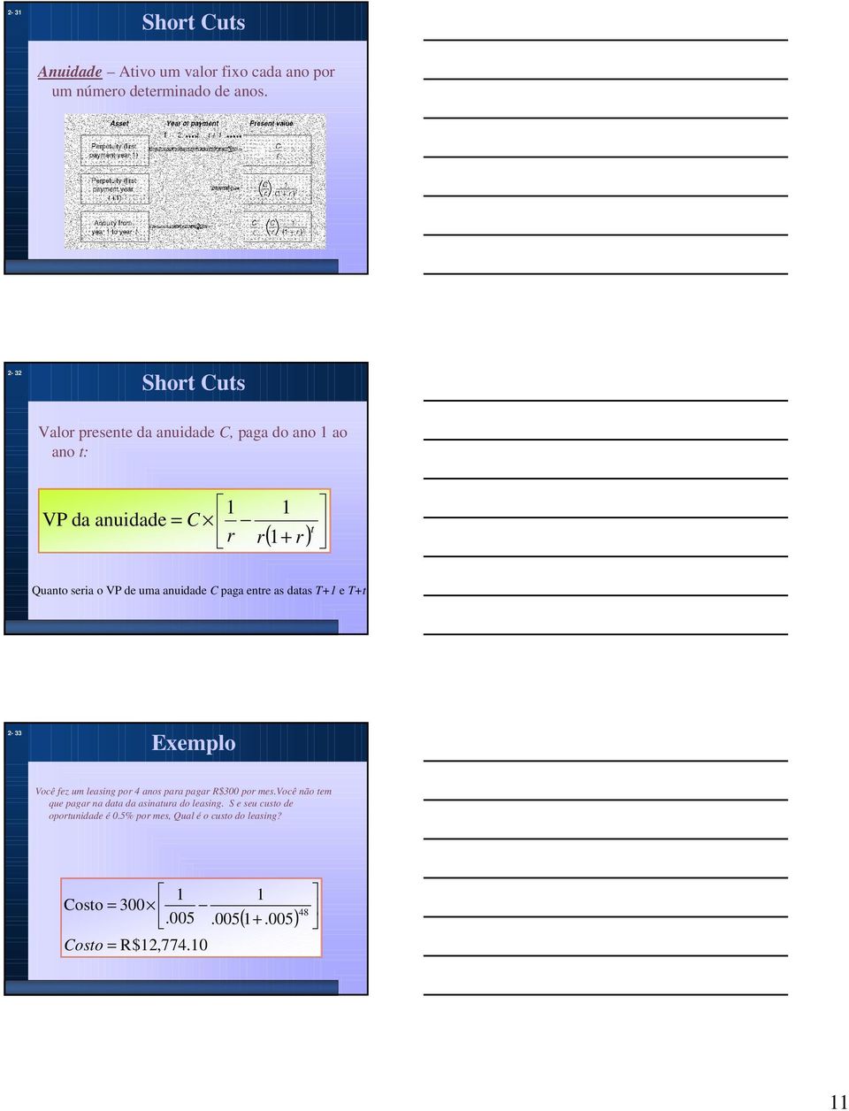 uma anuidade C paga entre as datas T+ e T+t - 33 Exemplo Você fez um leasing por 4 anos para pagar R$3 por mes.