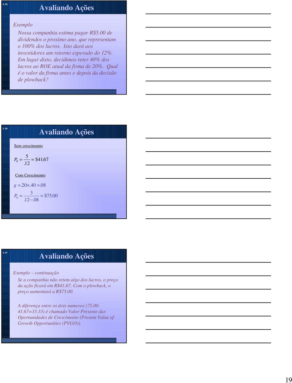 67. Com Crescimento g =.. 4 =. 8 3 P = = $75... 8-57 Exemplo continuação Se a companhia não retem algo dos lucros, o preço da ação ficará em R$4.67. Com o plowback, o preço aumentará a R$75.