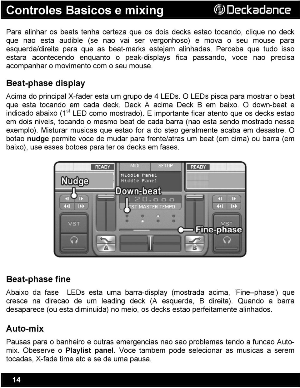 Beat-phase display Acima do principal X-fader esta um grupo de 4 LEDs. O LEDs pisca para mostrar o beat que esta tocando em cada deck. Deck A acima Deck B em baixo.