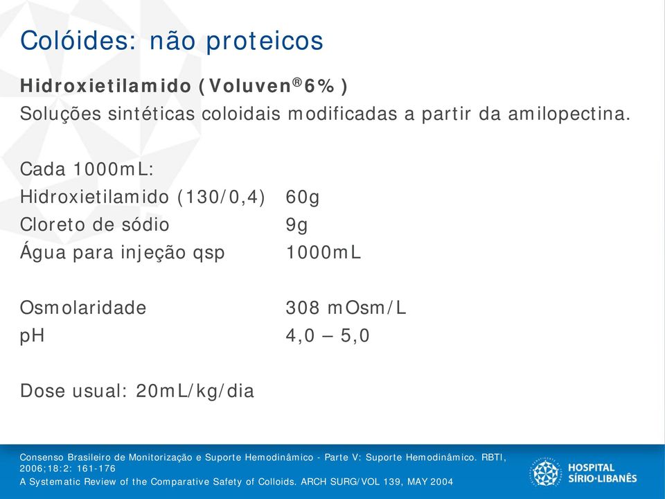 Cada 1000mL: Hidroxietilamido (130/0,4) 60g Cloreto de sódio 9g Água para injeção qsp 1000mL Osmolaridade 308 mosm/l ph