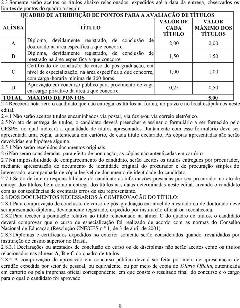 específica a que concorre. Diploma, devidamente registrado, de conclusão de B 1,50 1,50 mestrado na área específica a que concorre.