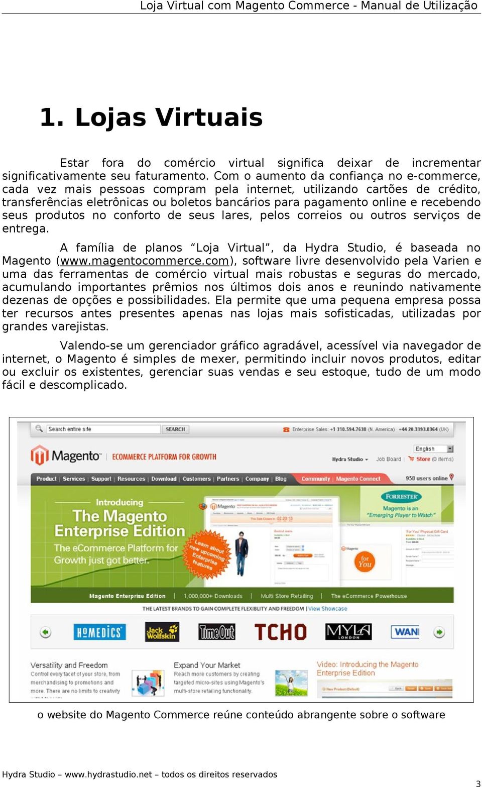 seus produtos no conforto de seus lares, pelos correios ou outros serviços de entrega. A família de planos Loja Virtual, da Hydra Studio, é baseada no Magento (www.magentocommerce.