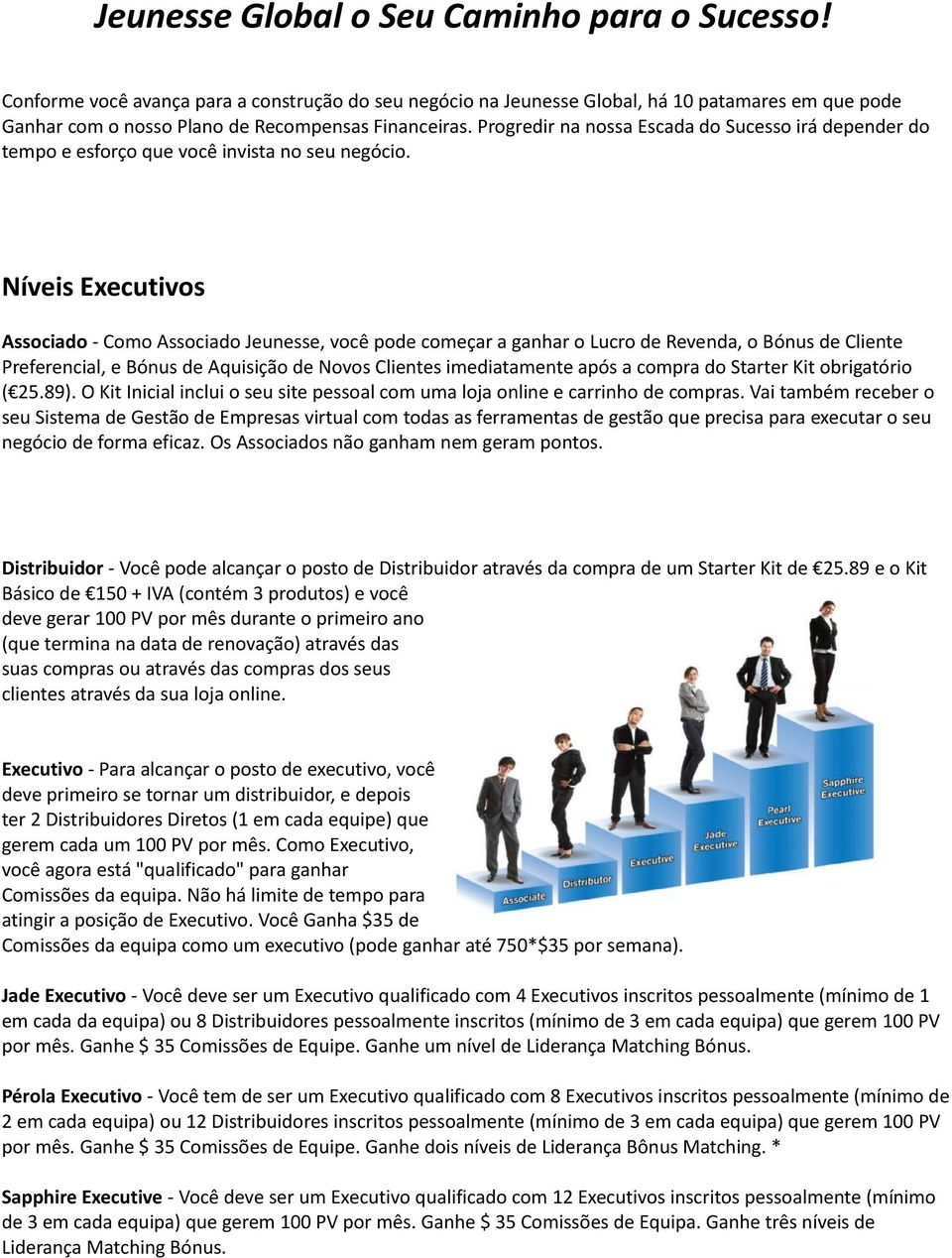 Níveis Executivos Associado - Como Associado Jeunesse, você pode começar a ganhar o Lucro de Revenda, o Bónus de Cliente Preferencial, e Bónus de Aquisição de Novos Clientes imediatamente após a