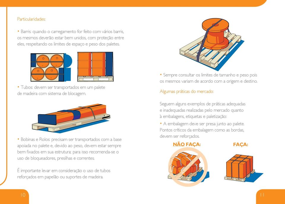 Bobinas e Rolos: precisam ser transportados com a base apoiada no palete e, devido ao peso, devem estar sempre bem fi xados em sua estrutura; para isso recomenda-se o uso de bloqueadores, presilhas e