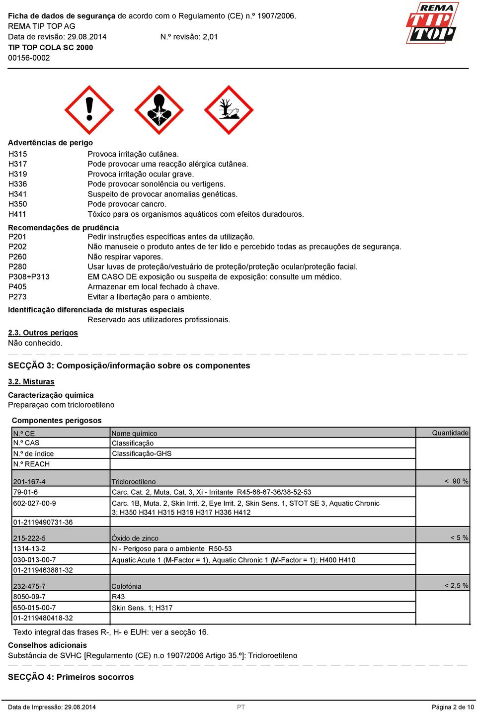 Recomendações de prudência P201 Pedir instruções específicas antes da utilização. P202 Não manuseie o produto antes de ter lido e percebido todas as precauções de segurança. P260 Não respirar vapores.