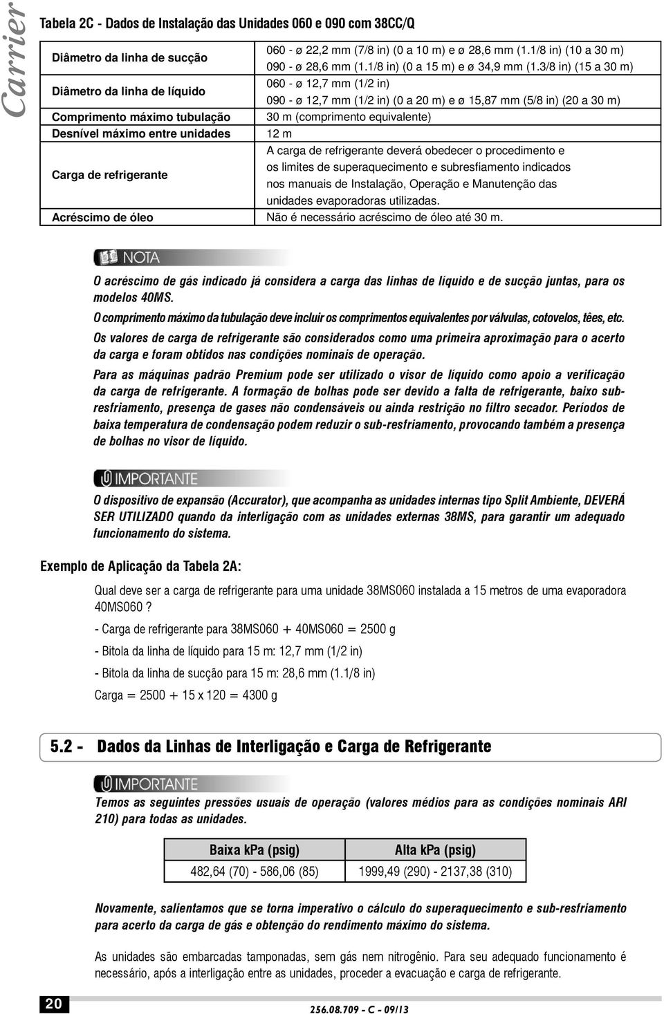 3/8 in) (15 a 30 m) 060 - ø 12,7 mm (1/2 in) 090 - ø 12,7 mm (1/2 in) (0 a 20 m) e ø 15,87 mm (5/8 in) (20 a 30 m) Comprimento máximo tubulação 30 m (comprimento equivalente) Desnível máximo entre