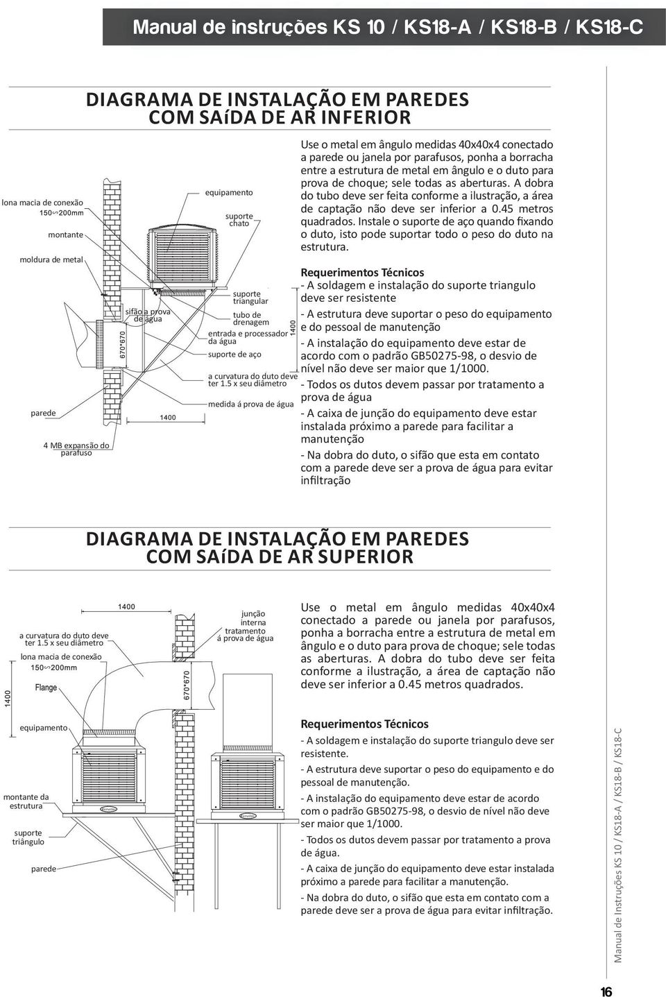 5 x seu diâmetro medida á prova de água Use o metal em ângulo medidas 40x40x4 conectado a parede ou janela por parafusos, ponha a borracha entre a estrutura de metal em ângulo e o duto para prova de