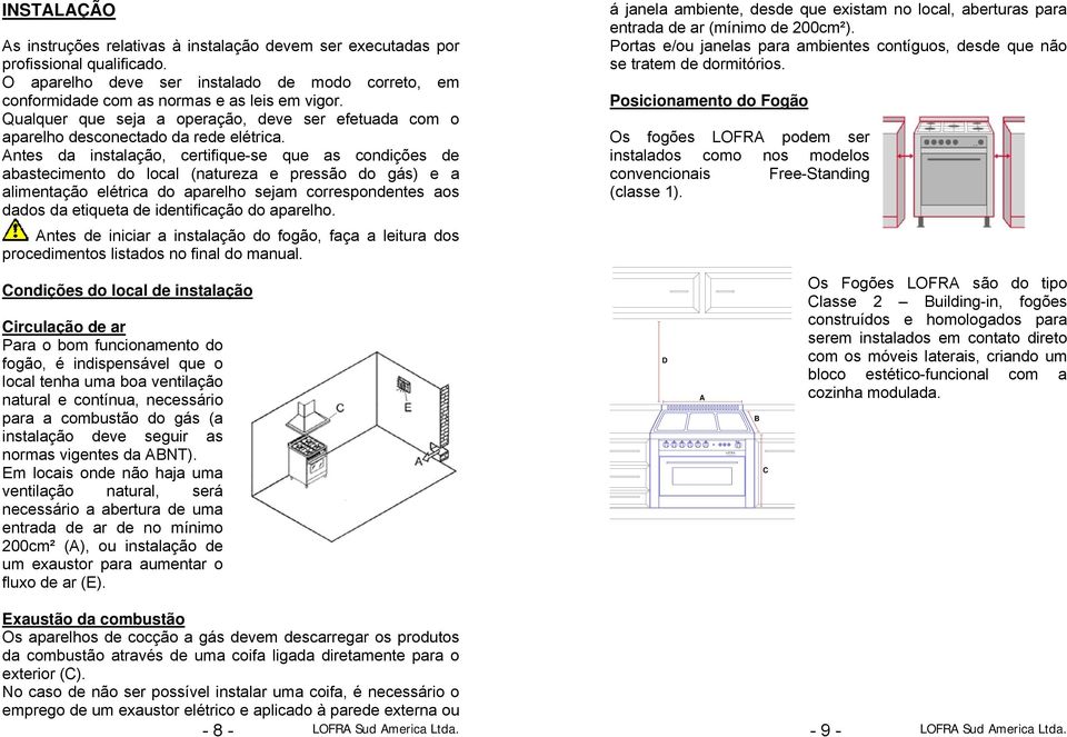 Antes da instalação, certifique-se que as condições de abastecimento do local (natureza e pressão do gás) e a alimentação elétrica do aparelho sejam correspondentes aos dados da etiqueta de