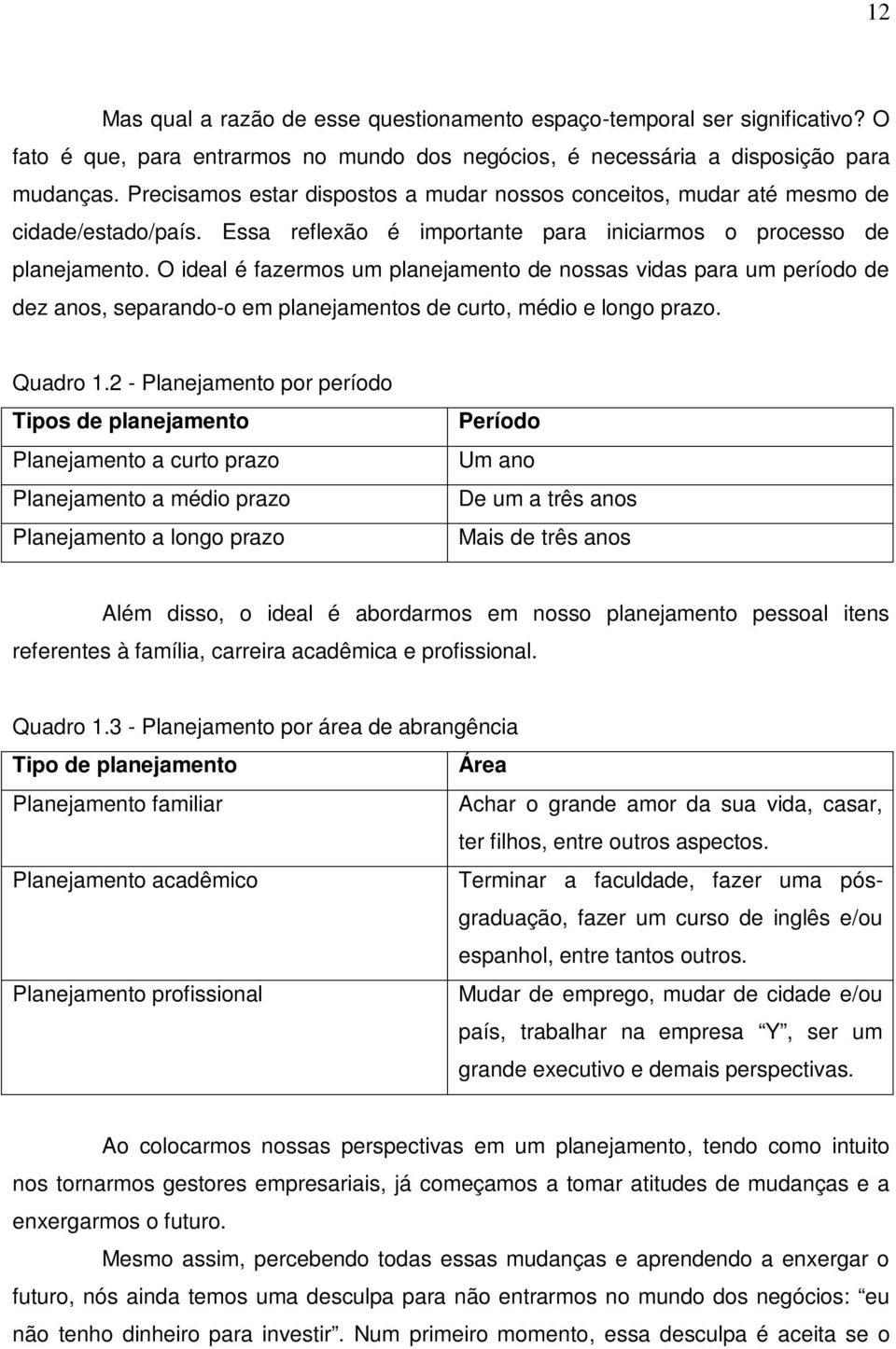 O ideal é fazermos um planejamento de nossas vidas para um período de dez anos, separando-o em planejamentos de curto, médio e longo prazo. Quadro 1.