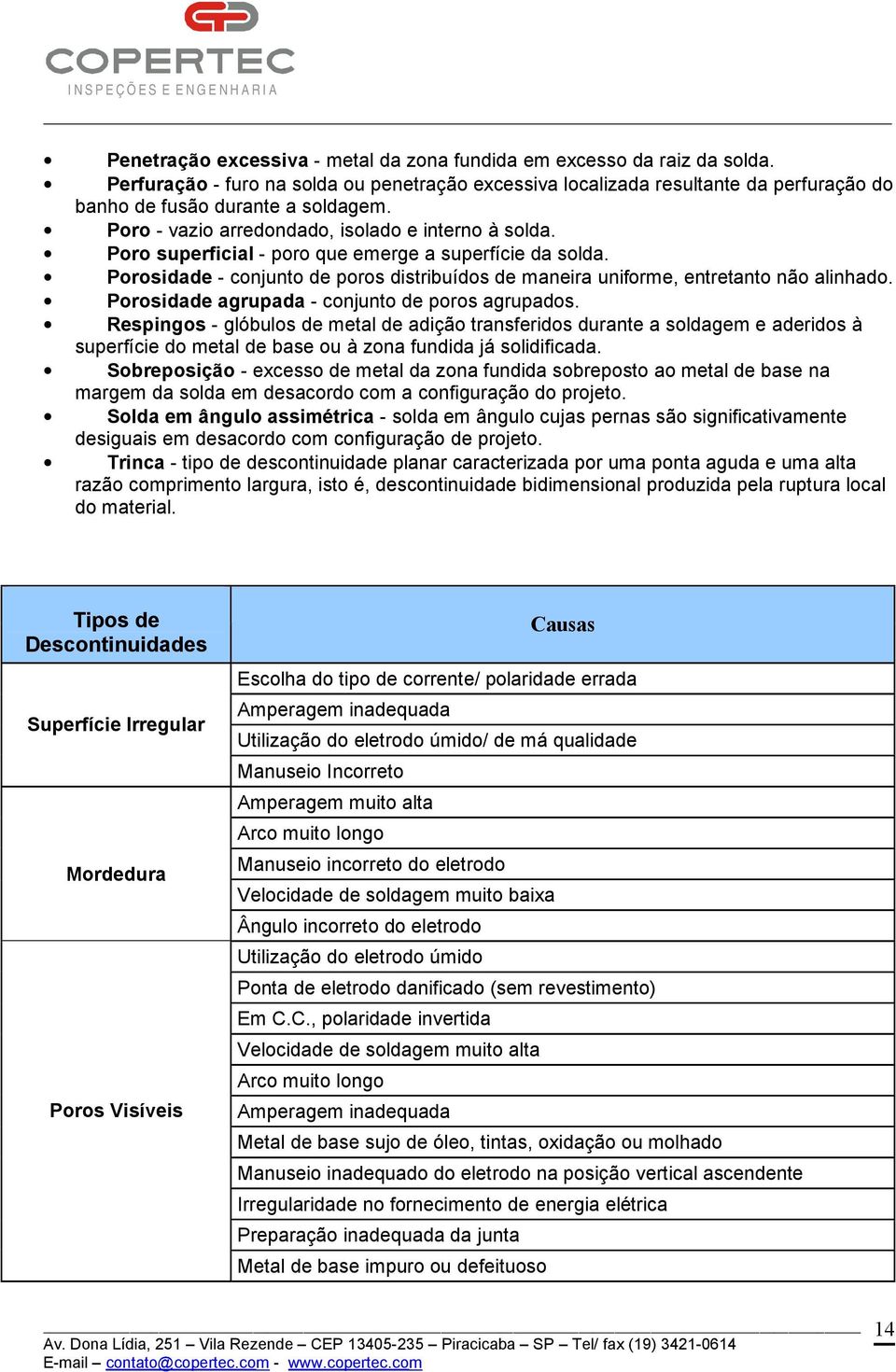 Porosidade agrupada - conjunto de poros agrupados. Respingos - glóbulos de metal de adição transferidos durante a soldagem e aderidos à superfície do metal de base ou à zona fundida já solidificada.