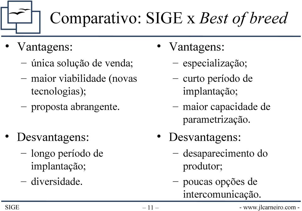 Vantagens: especialização; curto período de implantação; maior capacidade de parametrização.