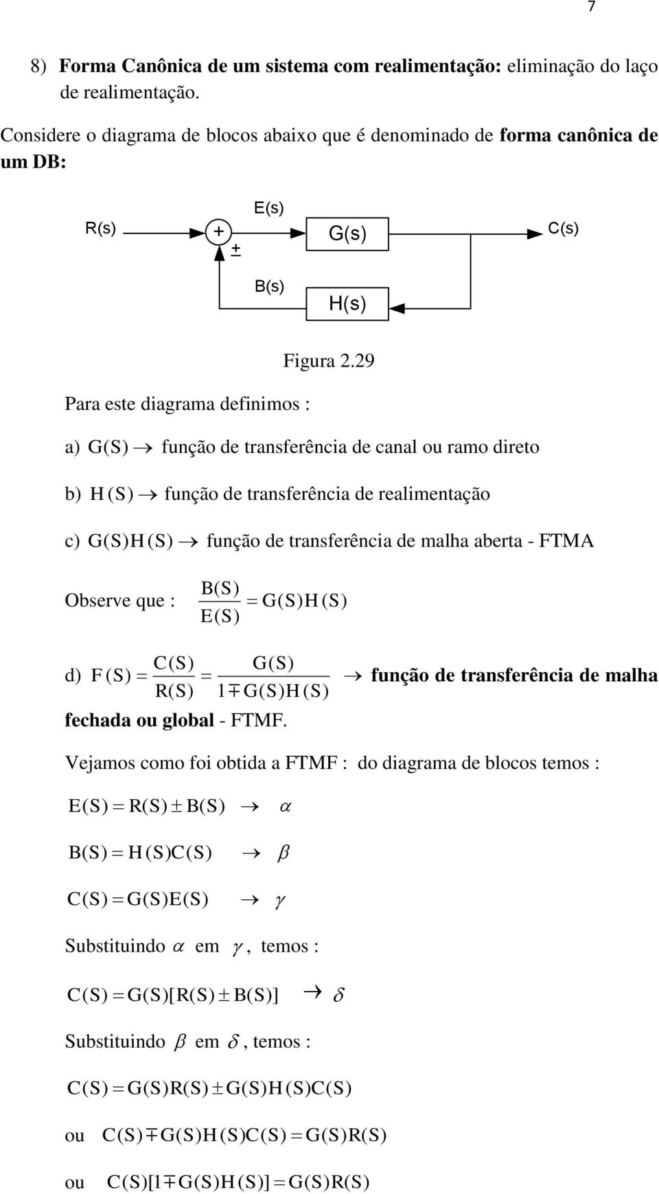 29 a) S ( ) função de transferência de canal ou ramo direto b) HS ( ) função de transferência de realimentação c) ( S) H( S) função de transferência de malha aberta FTM B( S) Observe que : ( S) H (