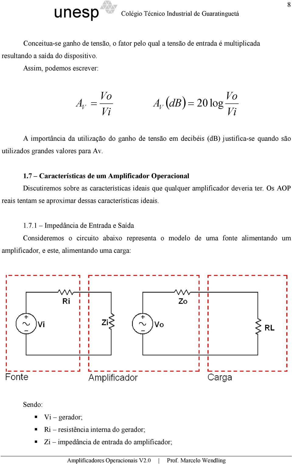 .7 Características de um Amplificador Operacional Discutiremos sobre as características ideais que qualquer amplificador deveria ter.