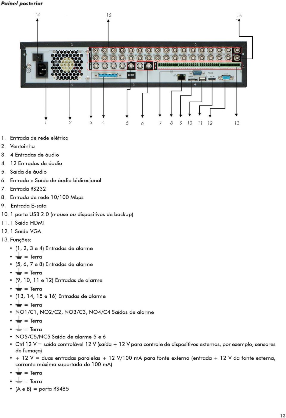 Funções: (1, 2, 3 e 4) Entradas de alarme = Terra (5, 6, 7 e 8) Entradas de alarme = Terra (9, 10, 11 e 12) Entradas de alarme = Terra (13, 14, 15 e 16) Entradas de alarme = Terra NO1/C1, NO2/C2,