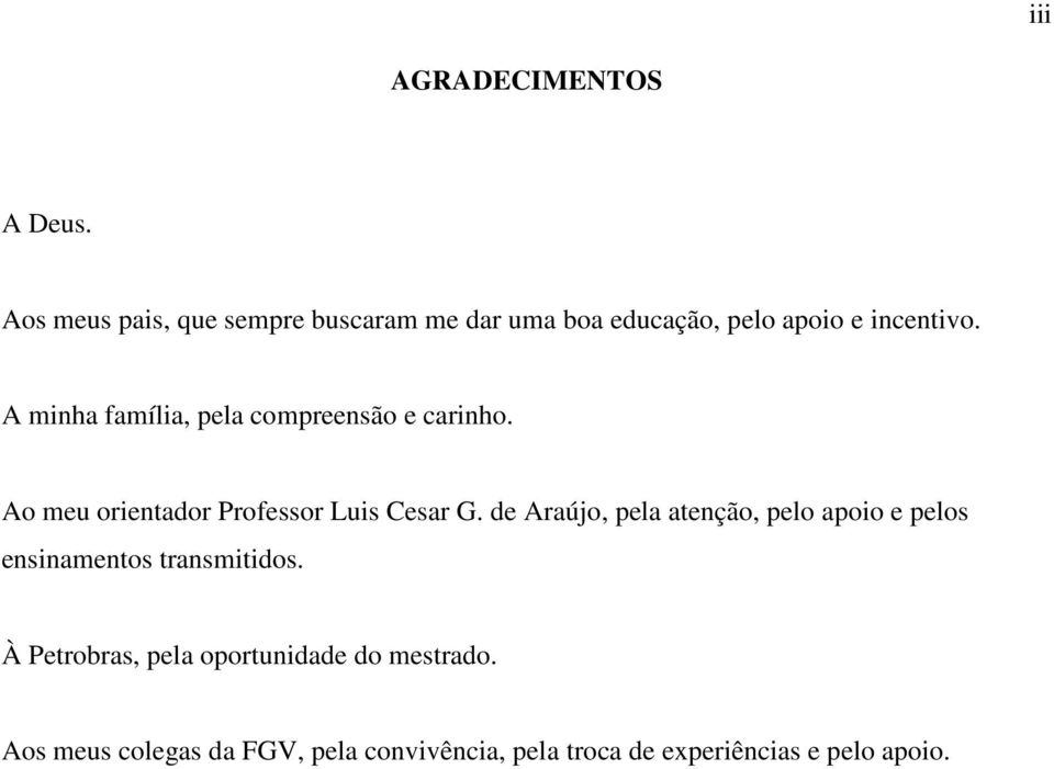 A minha família, pela compreensão e carinho. Ao meu orientador Professor Luis Cesar G.