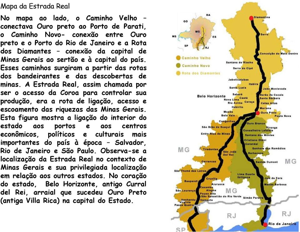 A Estrada Real, assim chamada por ser o acesso da Coroa para controlar sua produção, era a rota de ligação, acesso e escoamento das riquezas das Minas Gerais.