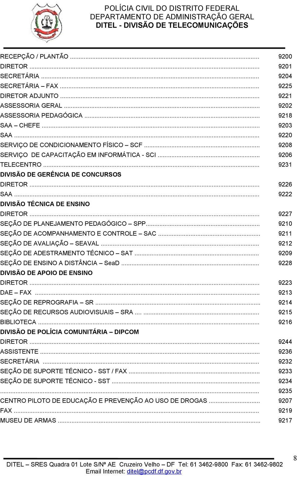 .. 9222 DIVISÃO TÉCNICA DE ENSINO DIRETOR... 9227 SEÇÃO DE PLANEJAMENTO PEDAGÓGICO SPP... 9210 SEÇÃO DE ACOMPANHAMENTO E CONTROLE SAC... 9211 SEÇÃO DE AVALIAÇÃO SEAVAL.