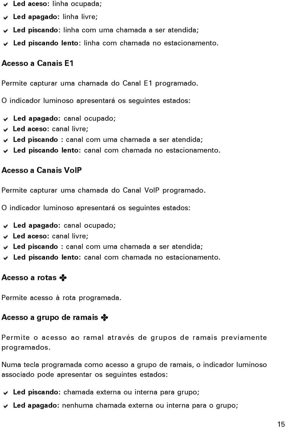 O indicador luminoso apresentará os seguintes estados: Led apagado: canal ocupado; Led aceso: canal livre; Led piscando : canal com uma chamada a ser atendida; Led piscando lento: canal com chamada