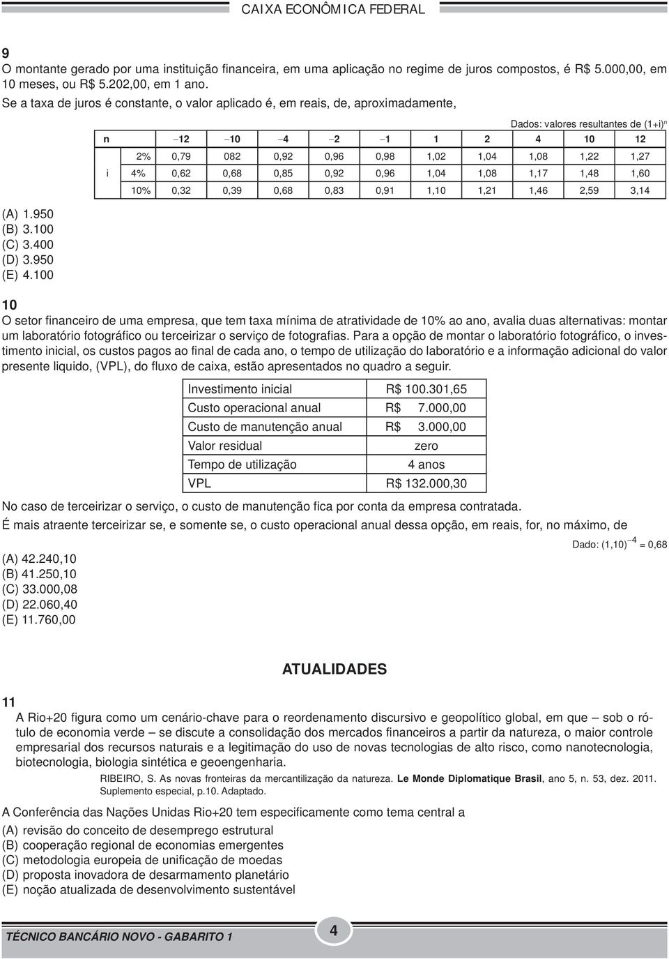 100 Dados: valores resultantes de (1+i) n n 12 10 4 2 1 1 2 4 10 12 2% 0,79 082 0,92 0,96 0,98 1,02 1,04 1,08 1,22 1,27 i 4% 0,62 0,68 0,85 0,92 0,96 1,04 1,08 1,17 1,48 1,60 10% 0,32 0,39 0,68 0,83