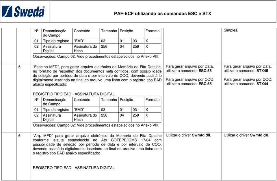 5 Espelho MFD, para gerar arquivo eletrônico da Memória de Fita Detalhe, no formato de espelho dos documentos nela contidos, com possibilidade de seleção por período de data e por intervalo de COO,