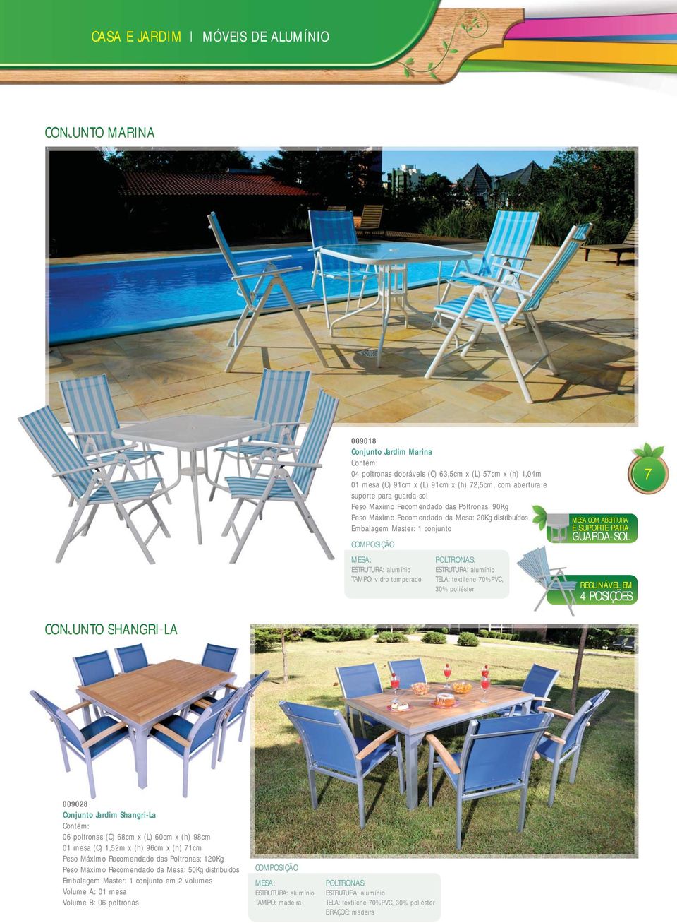 temperado POLTRONAS: ESTRUTURA: alumínio TELA: textilene 70%PVC, 30% poliéster MESA COM ABERTURA E SUPORTE PARA GUARDA-SOL RECLINÁVEL EM 4 POSIÇÕES 7 CONJUNTO SHANGRI-LA 009028 Conjunto Jardim