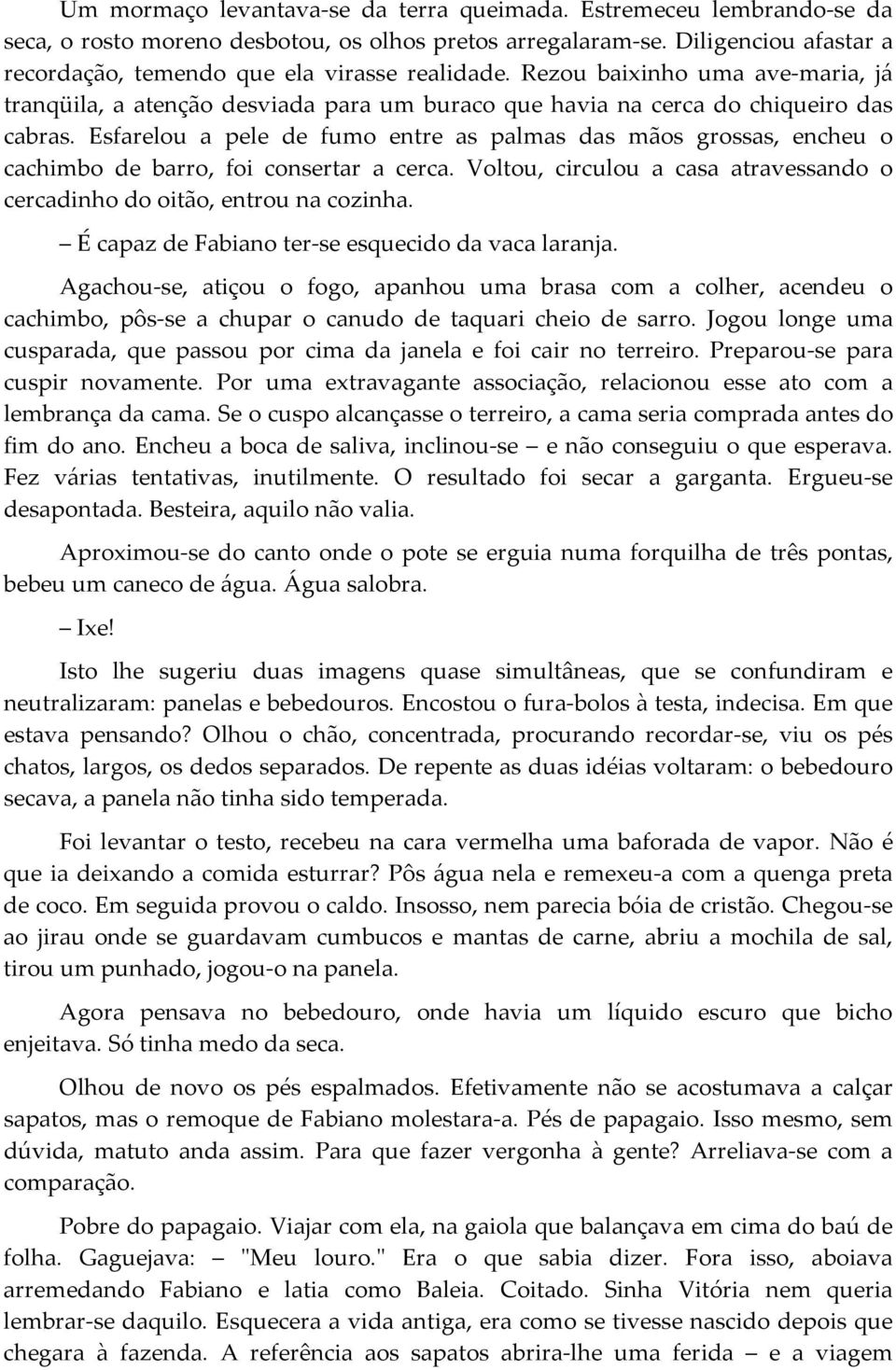 Esfarelou a pele de fumo entre as palmas das mãos grossas, encheu o cachimbo de barro, foi consertar a cerca. Voltou, circulou a casa atravessando o cercadinho do oitão, entrou na cozinha.