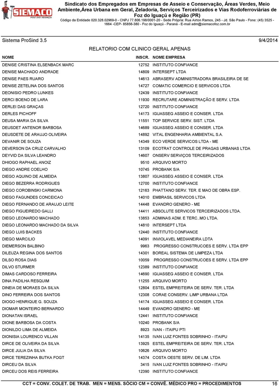 LTDA DERLEI DAS GRAÇAS 12720 INSTITUTO CONFIANCE DERLES PICHOFF 14173 IGUASSEG ASSEIO E CONSER. LTDA DEUSA MARIA DA SILVA 11551 TOP SERVICE SERV. SIST.