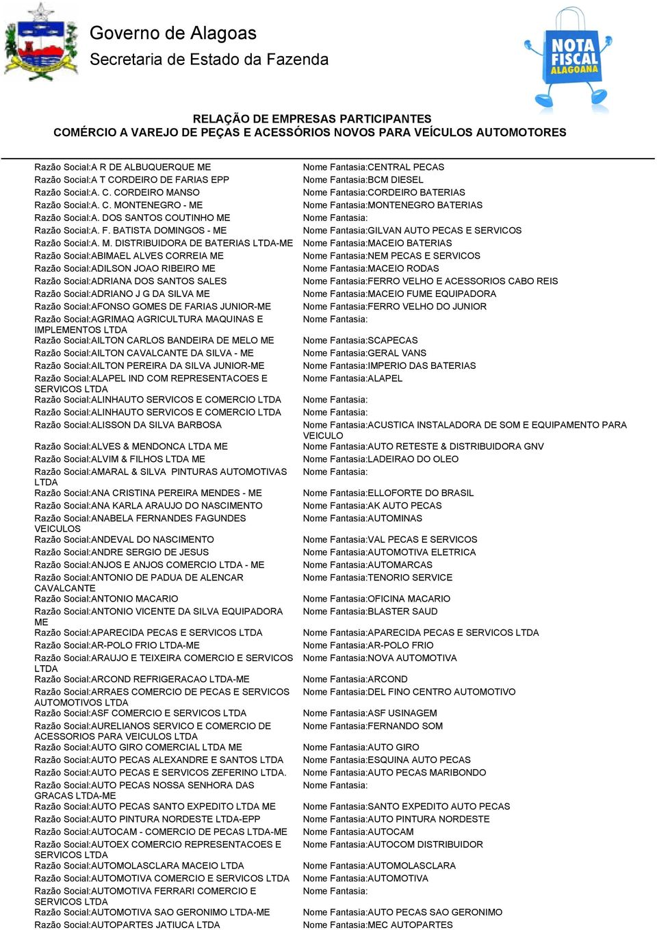 DISTRIBUIDORA DE BATERIAS - MACEIO BATERIAS Razão Social:ABIMAEL ALVES CORREIA NEM PECAS E SERVICOS Razão Social:ADILSON JOAO RIBEIRO MACEIO RODAS Razão Social:ADRIANA DOS SANTOS SALES FERRO VELHO E