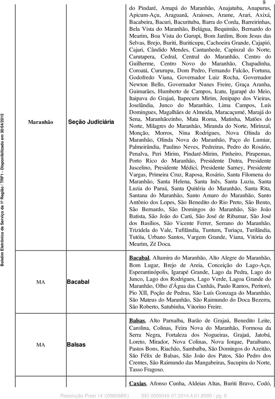 Cantanhede, Capinzal do Norte, Carutapera, Cedral, Central do Maranhão, Centro do Guilherme, Centro Novo do Maranhão, Chapadinha, Coroatá, Cururupu, Dom Pedro, Fernando Falcão, Fortuna, Godofredo