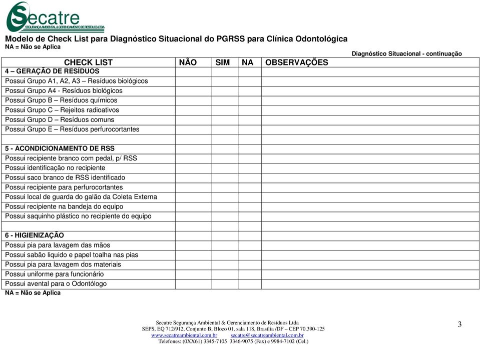 identificado Possui recipiente para perfurocortantes Possui local de guarda do galão da Coleta Externa Possui recipiente na bandeja do equipo Possui saquinho plástico no recipiente do equipo